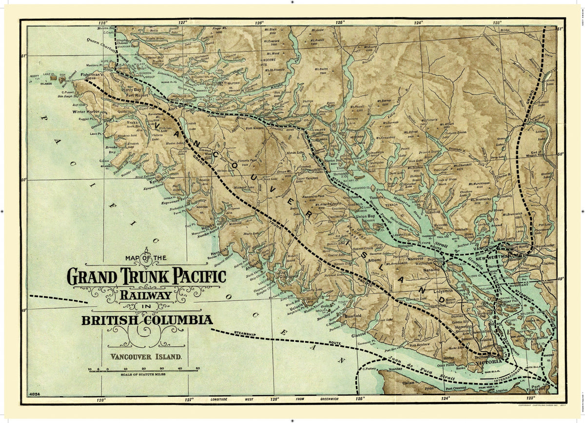 Cart-olina Vintage Map - Grand Trunk Pacific Railway on Vancouver Island