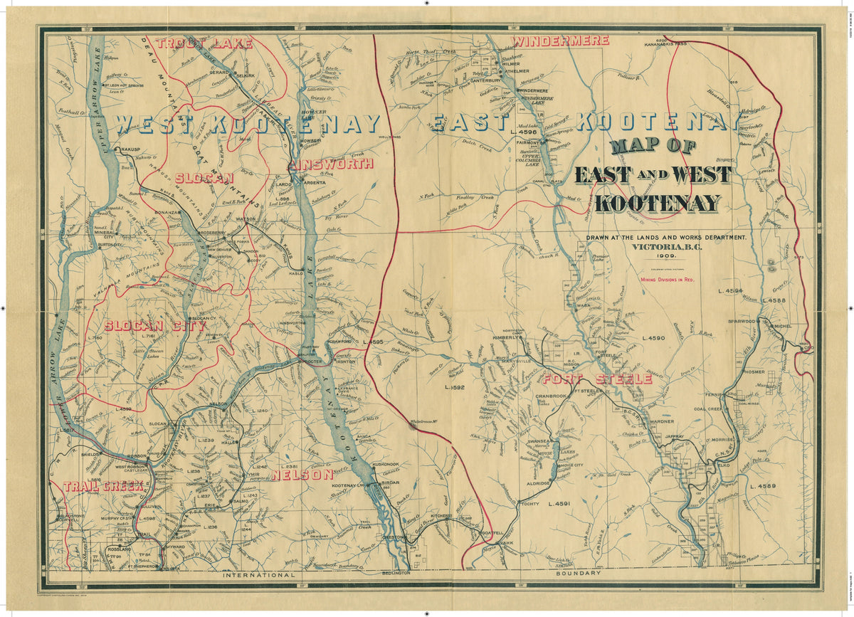 Cart-olina Vintage Map of East and West Kootenay, 1909