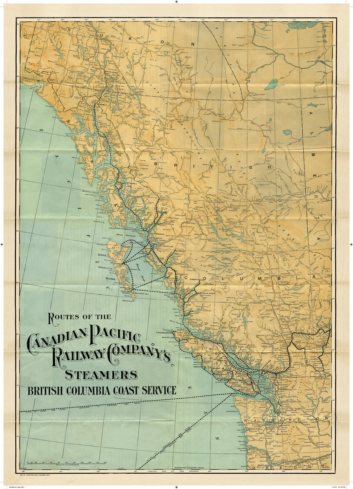 Cart-olina Vintage Map - Routes of the Canadian Pacific Railway Company's Steamers, BC Coast Service